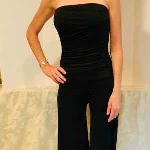 Black silky strapless full leg jumpsuit
